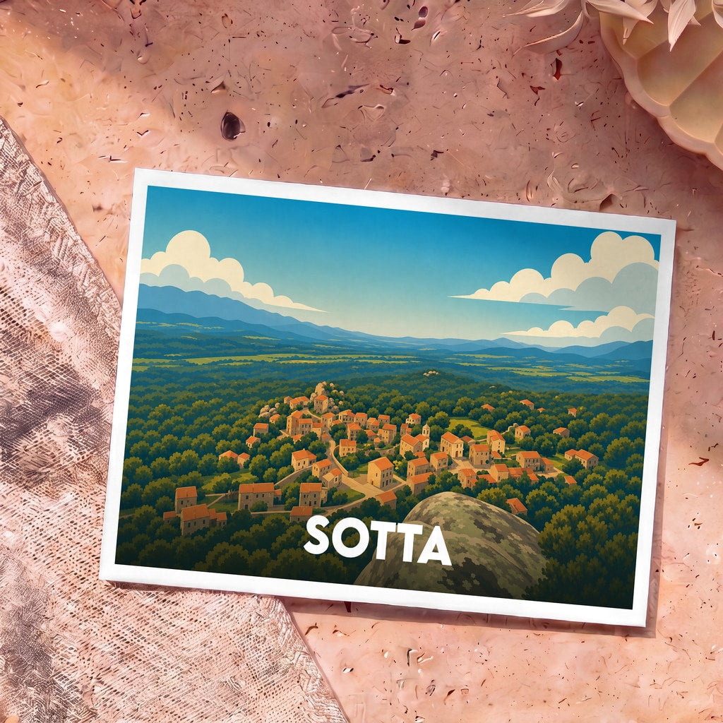 Carte postale souvenir de la ville de Sotta avec une illustration stylisée de ses maisons nichées dans une vallée verdoyante.