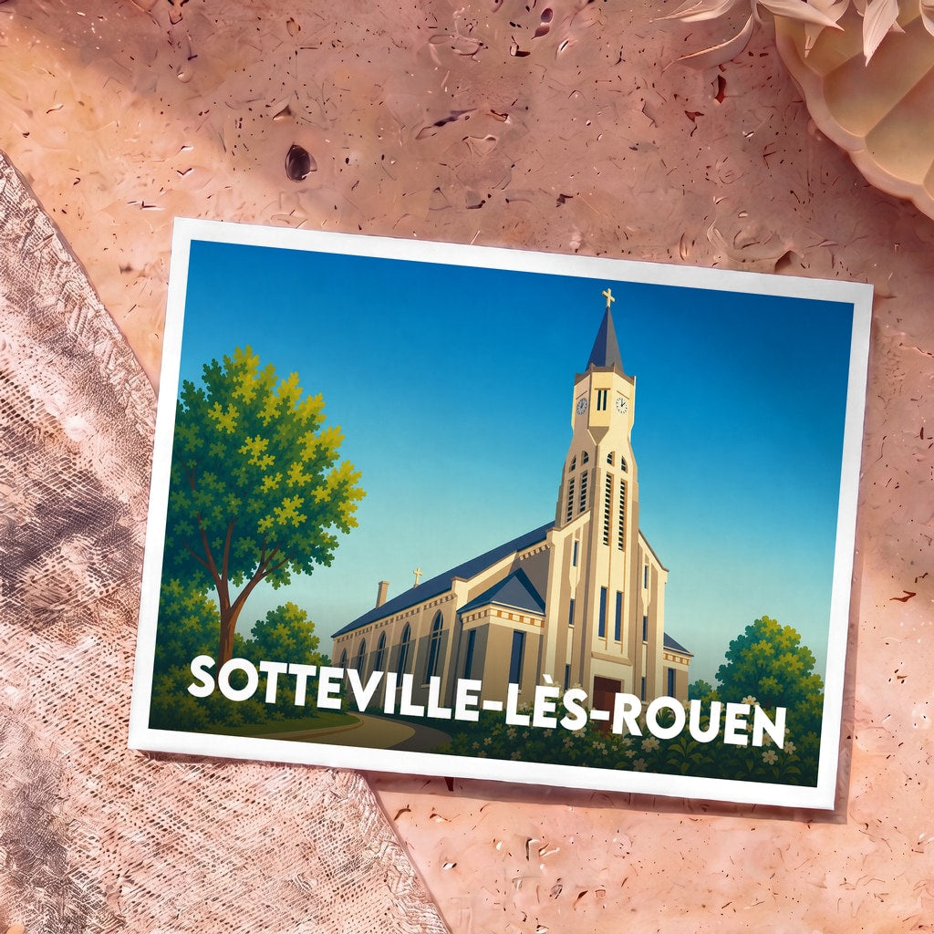 Carte postale souvenir de la ville de Sotteville-lès-Rouen avec une illustration stylisée d'une église.