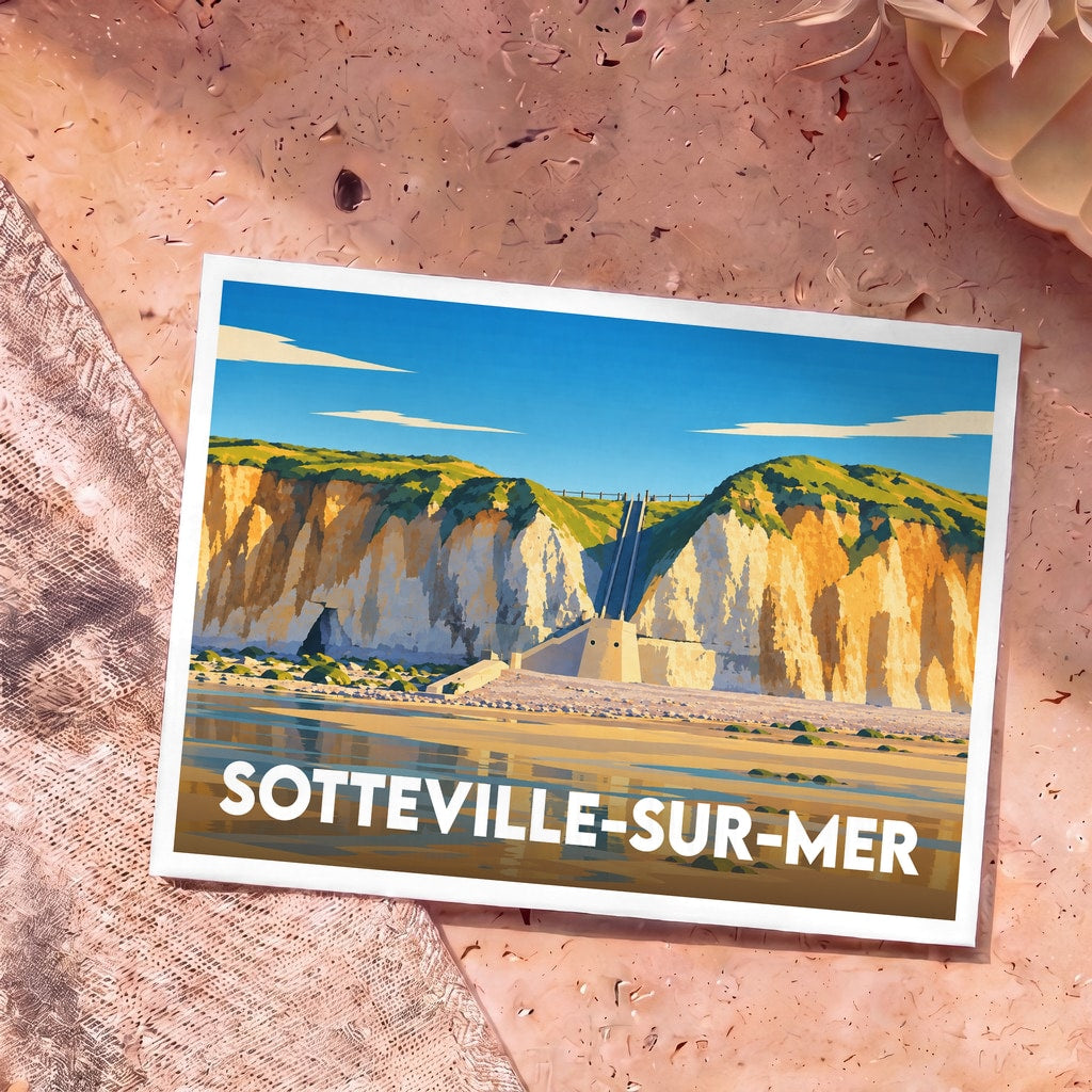 Carte postale souvenir de la ville de Sotteville-sur-Mer avec une illustration stylisée de ses falaises.