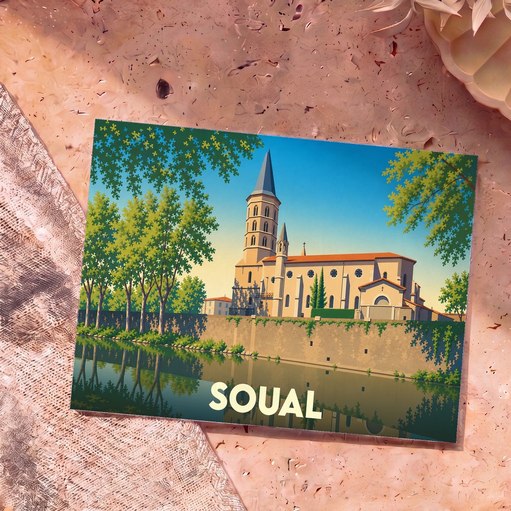 Carte postale souvenir de la ville de Soual avec une illustration stylisée d'une église au bord de l'eau.