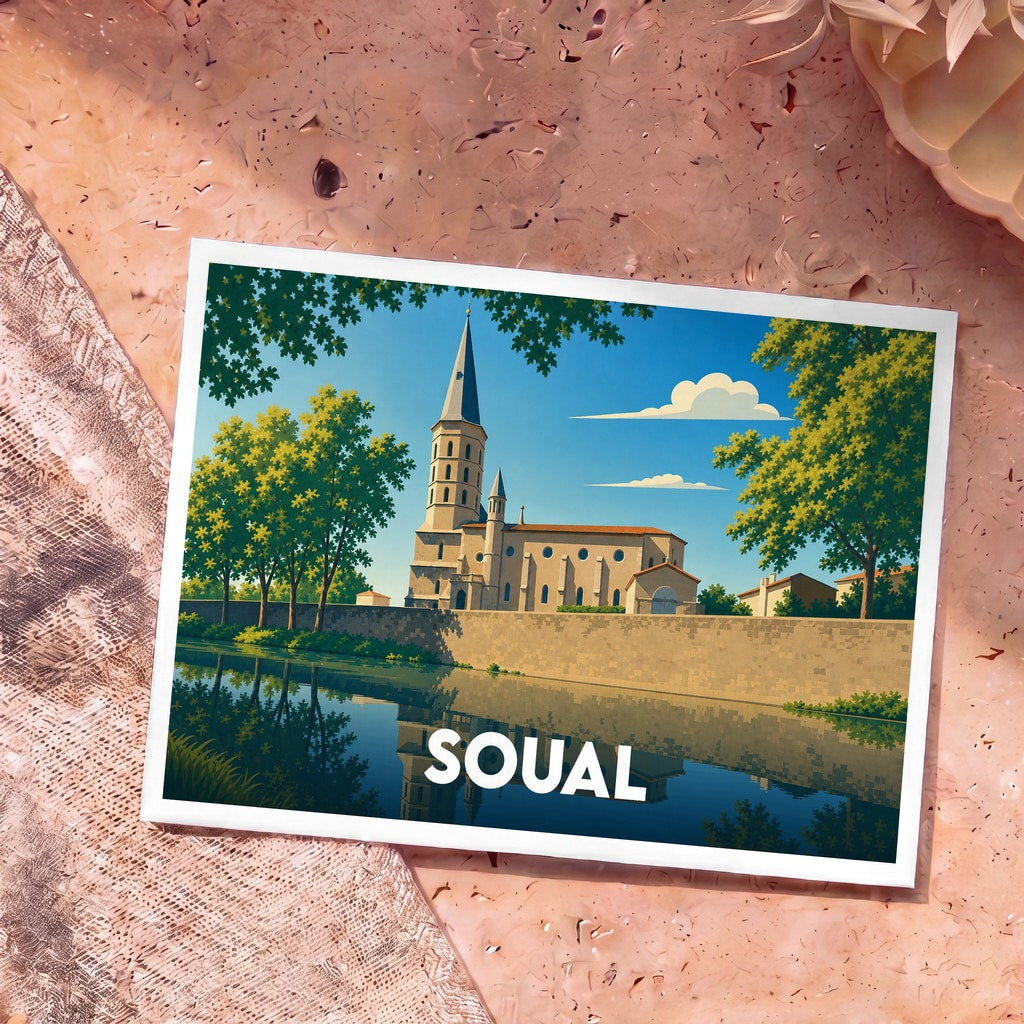 Carte postale souvenir de la ville de Soual avec une illustration stylisée d'une église au bord de l'eau.