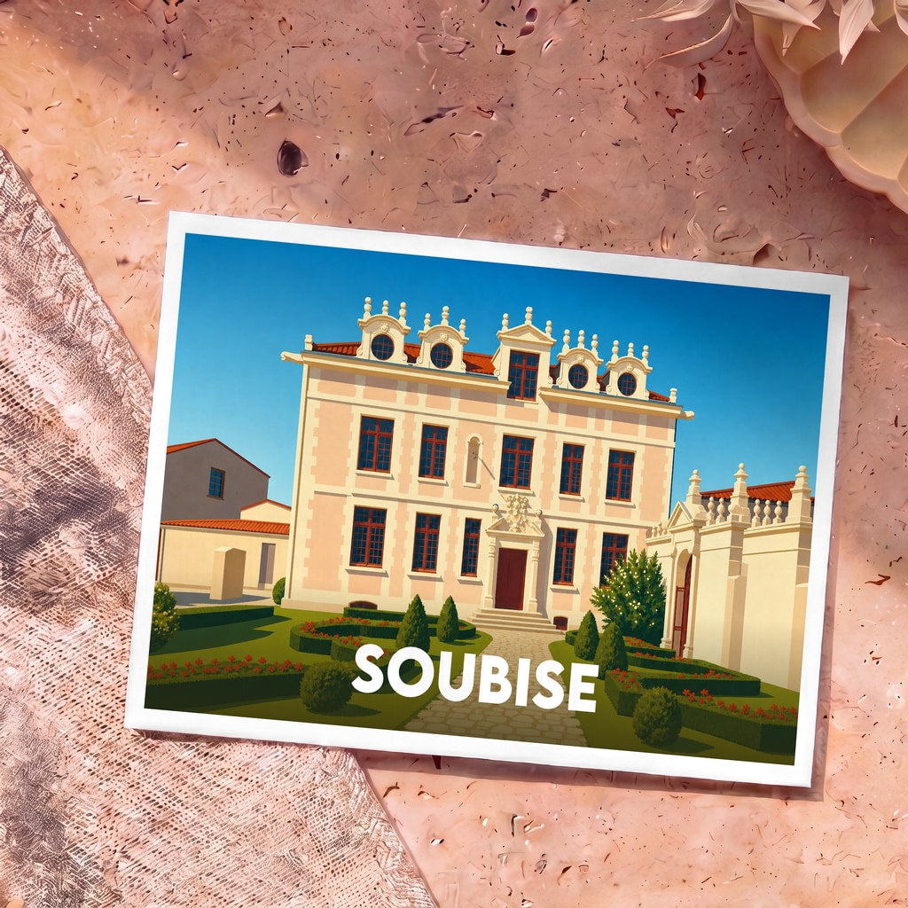 Carte postale souvenir de la ville de Soubise avec une illustration stylisée de son patrimoine architectural.