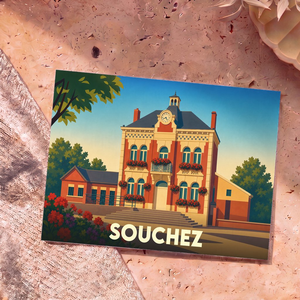 Carte postale souvenir de la ville de Souchez illustrant son hôtel de ville dans un style graphique épuré.