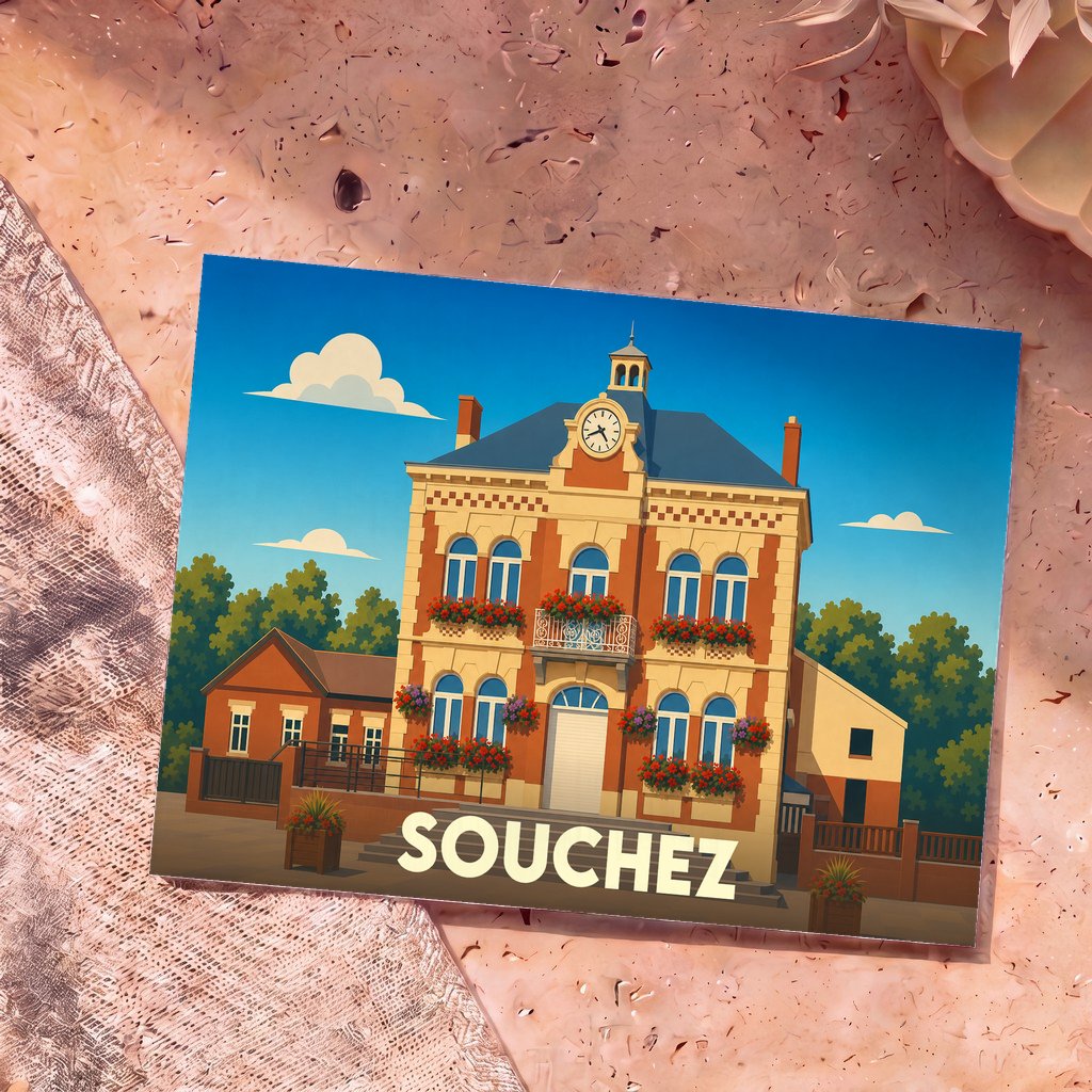Carte postale souvenir de la ville de Souchez avec une illustration stylisée de son hôtel de ville fleuri.