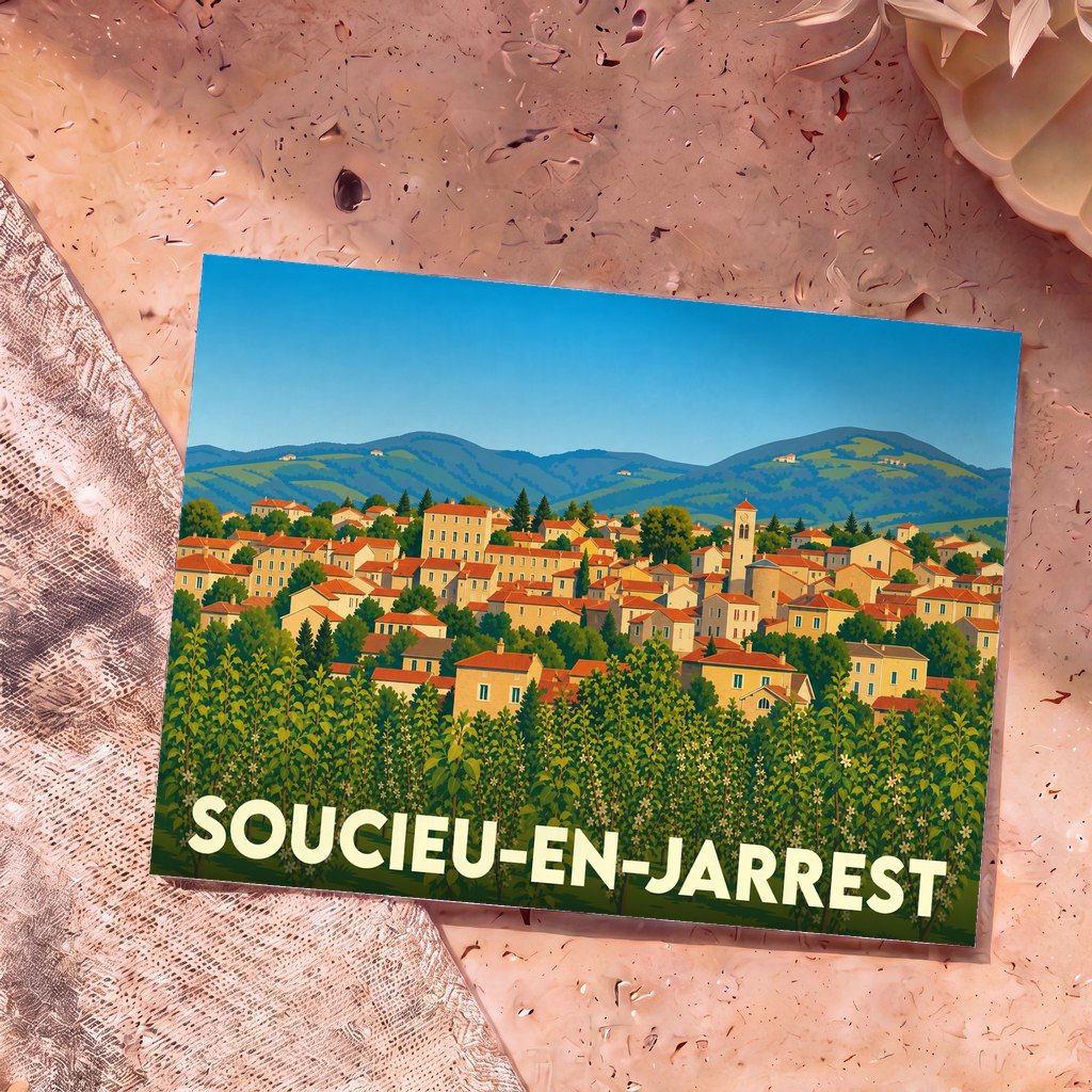 Carte postale souvenir de la ville de Soucieu-en-Jarrest avec une illustration stylisée de son paysage vallonné.