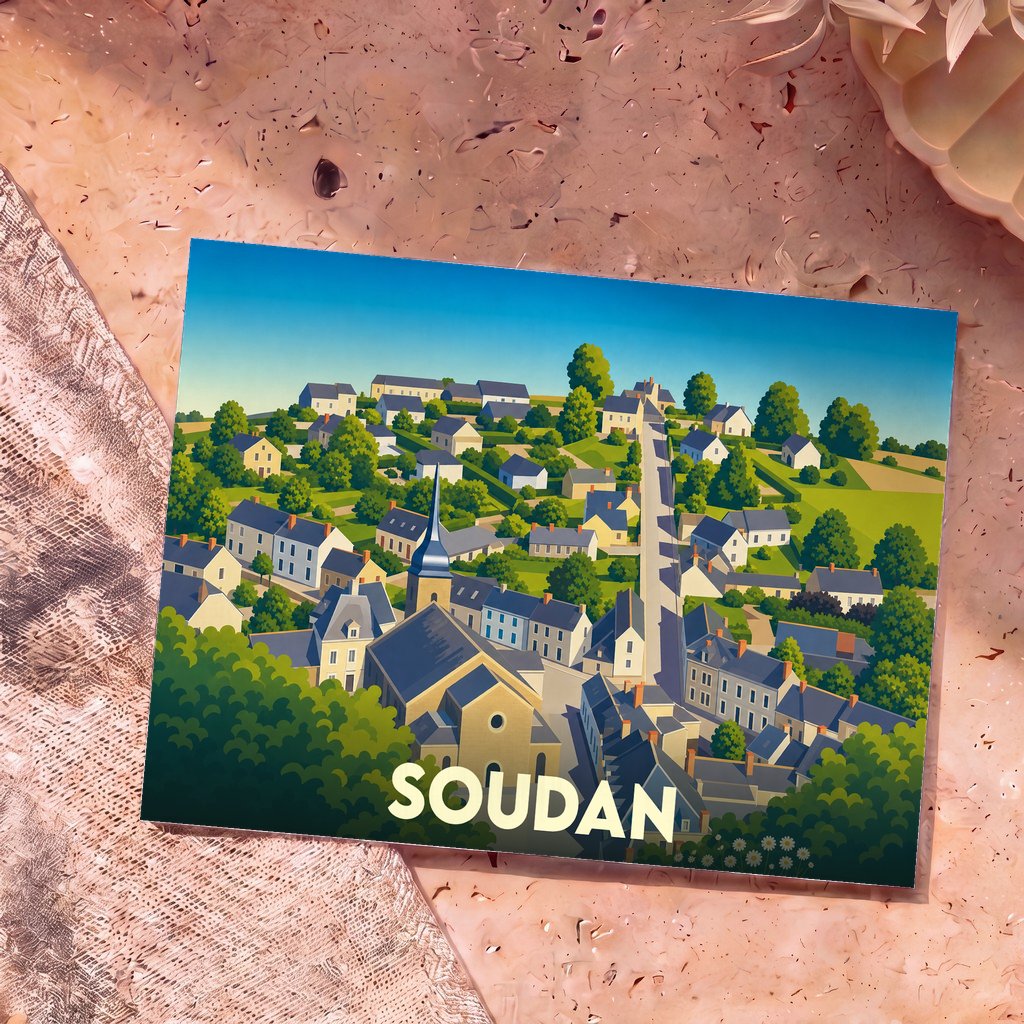 Carte postale souvenir de la ville de Soudan avec une illustration stylisée et colorée.