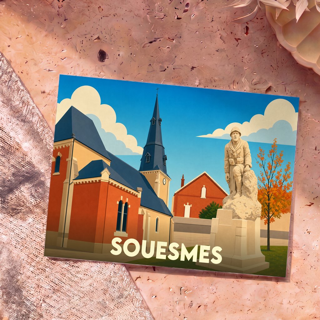 Carte postale souvenir de la ville de Souesmes présentant une illustration stylisée de son église et de son monument aux morts.