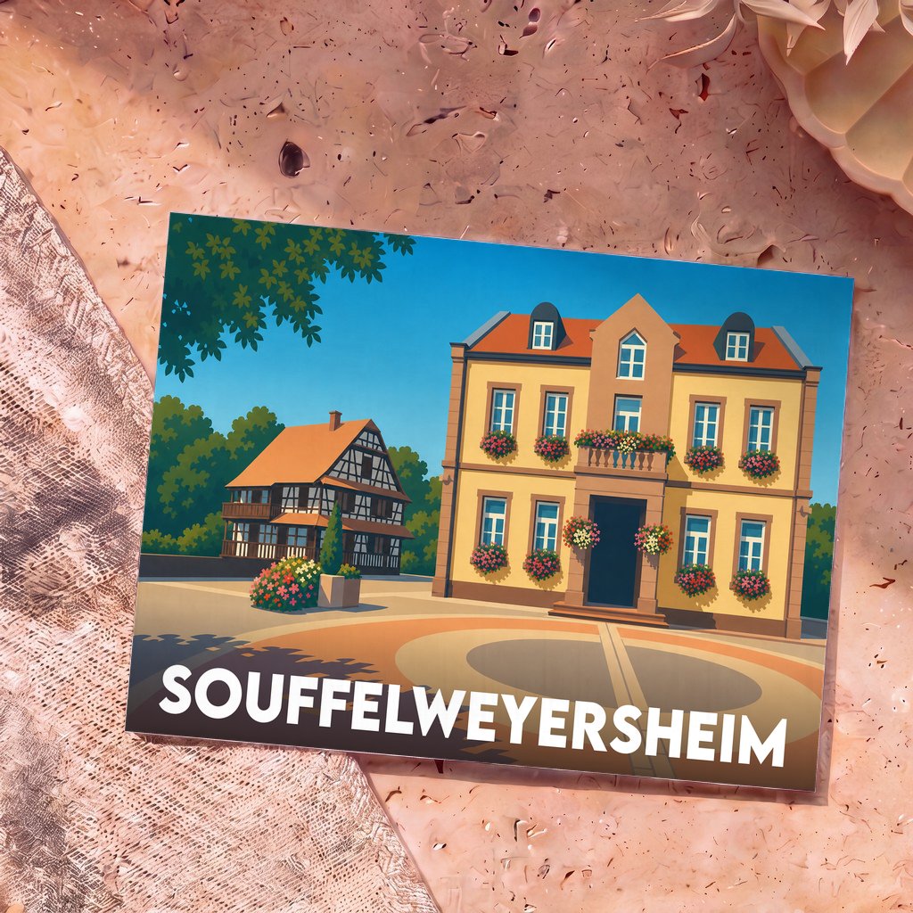 Carte postale souvenir de la ville de Souffelweyersheim avec une illustration colorée de maisons alsaciennes.