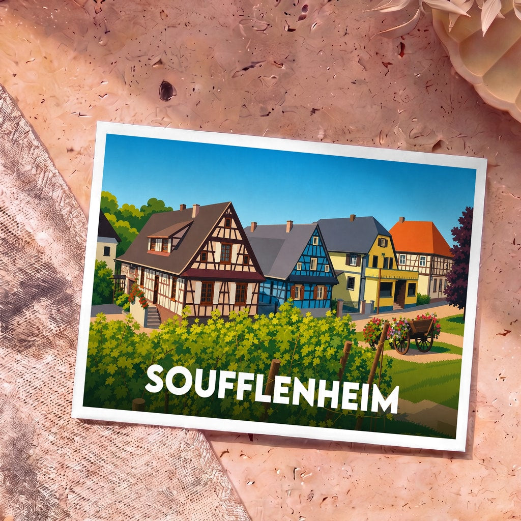 Carte postale souvenir de la ville de Soufflenheim présentant une illustration colorée de maisons à colombages alsaciennes.