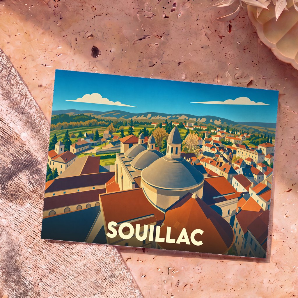 Carte postale souvenir de la ville de Souillac avec une illustration stylisée et colorée de ses toits et dômes emblématiques.