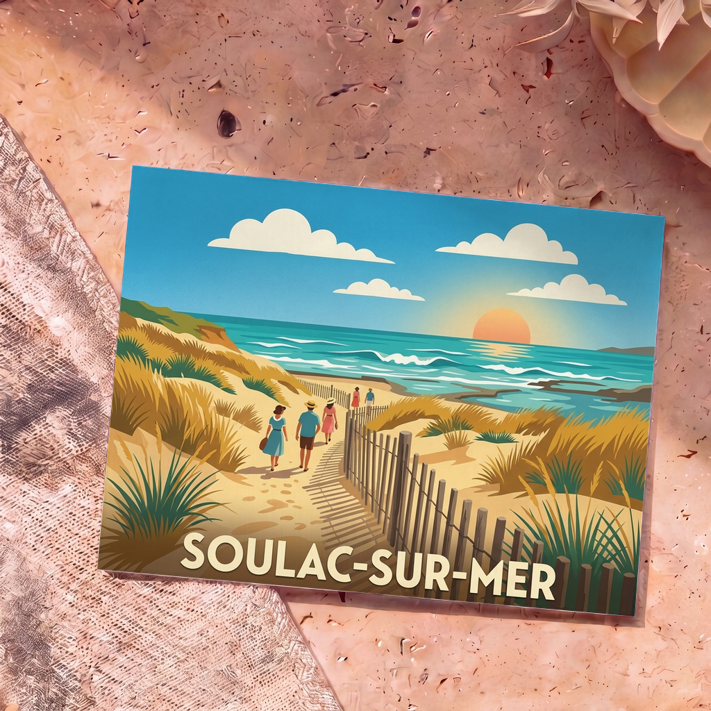 Carte postale souvenir de Soulac-sur-Mer illustrant une plage sauvage au coucher du soleil dans un style rétro.