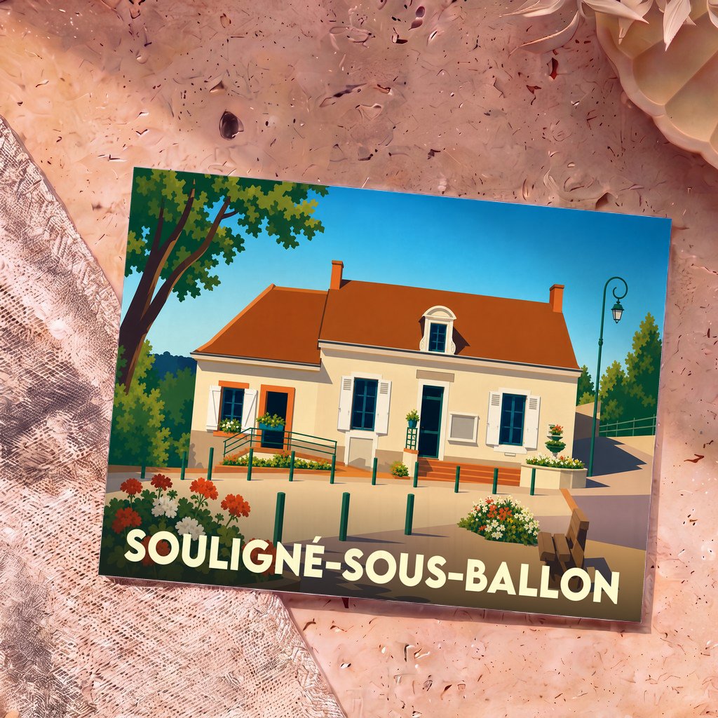 Carte postale souvenir de la ville de Souligné-sous-Ballon avec une illustration stylisée d'une maison de village.