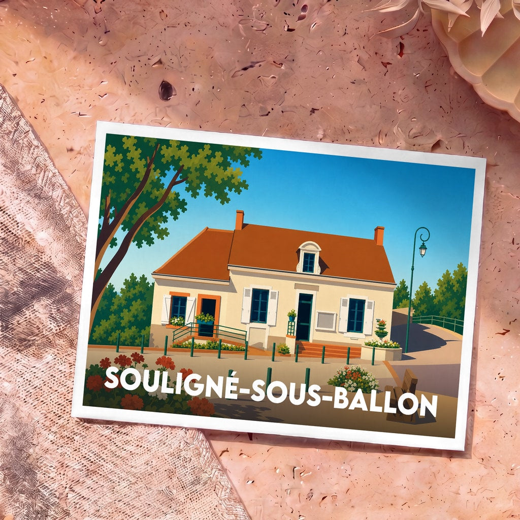 Carte postale souvenir de la ville de Souligné-sous-Ballon avec une illustration stylisée d'une maison de village.