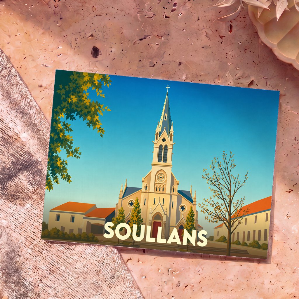 Carte postale souvenir de la ville de Soullans représentant son église avec une illustration stylisée.