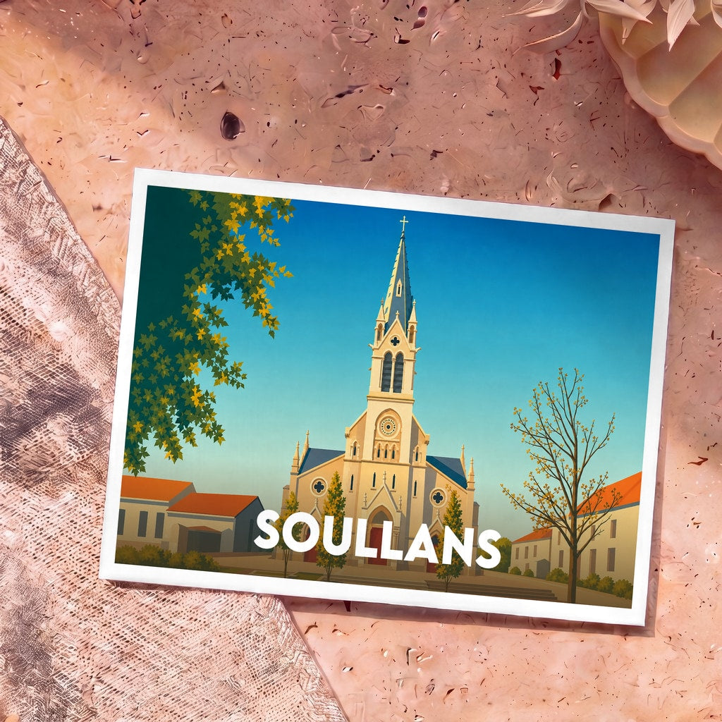 Carte postale souvenir de la ville de Soullans avec une illustration stylisée de son église.