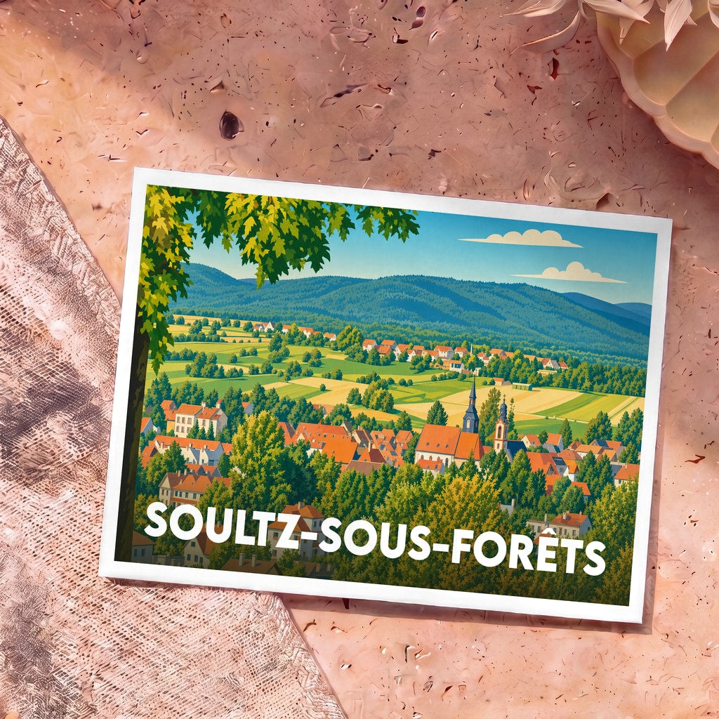 Carte postale souvenir de la ville de Soultz-sous-Forêts avec une illustration stylisée d'un paysage alsacien.