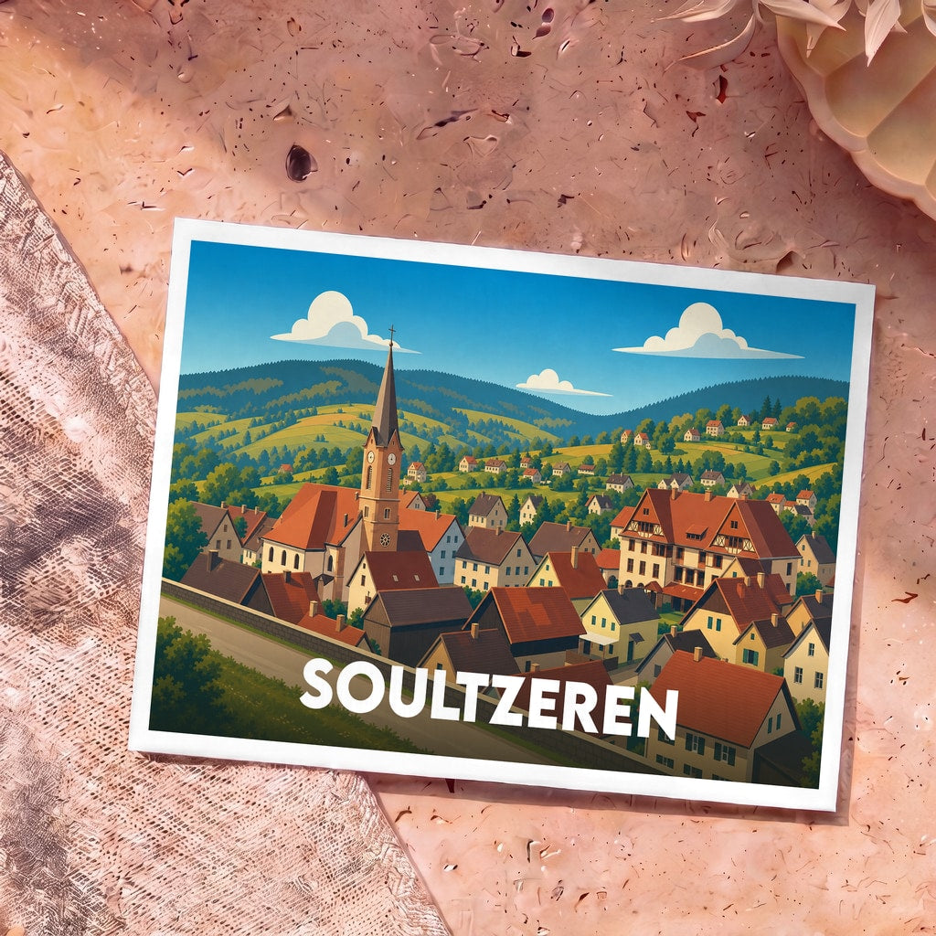Carte postale souvenir de la ville de Soultzeren avec une illustration stylisée d'un village alsacien niché dans les montagnes.