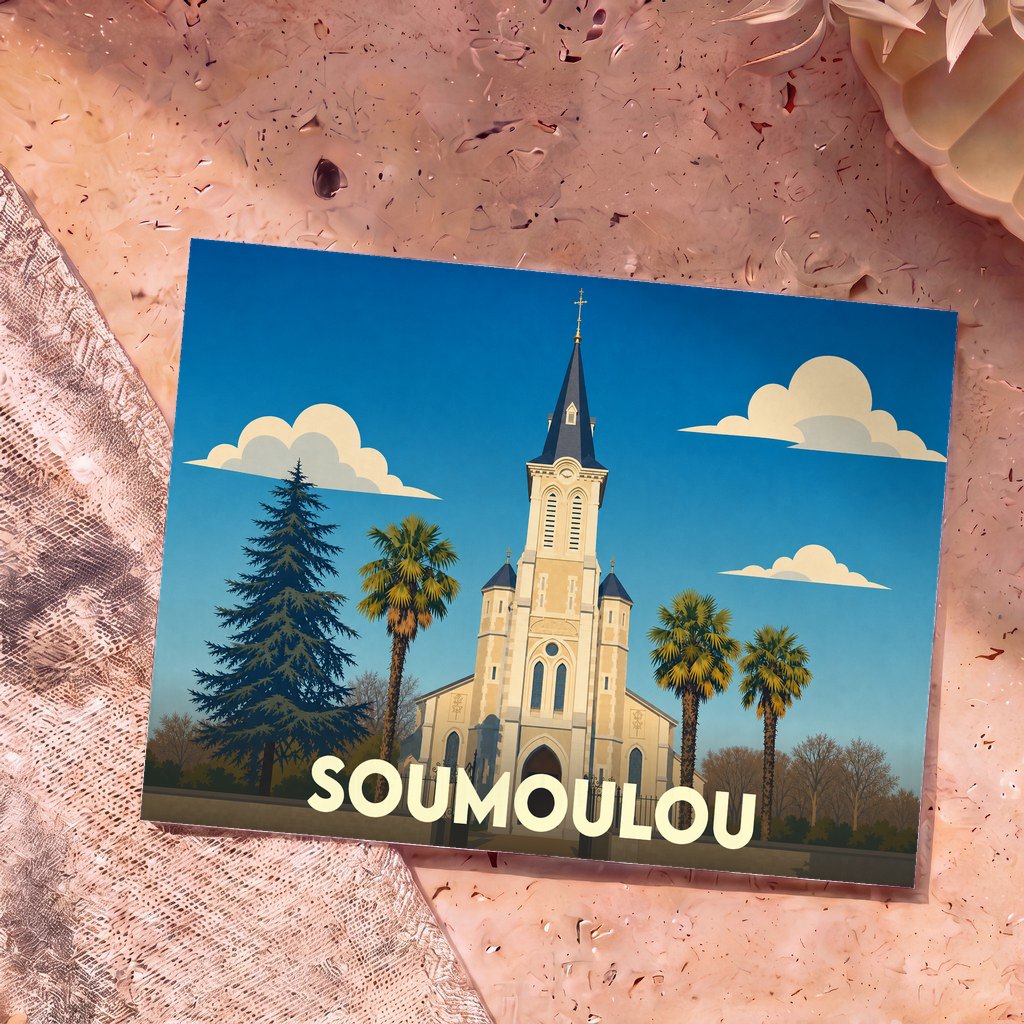 Carte postale souvenir de la ville de Soumoulou illustrant son église entourée de palmiers dans un style rétro.