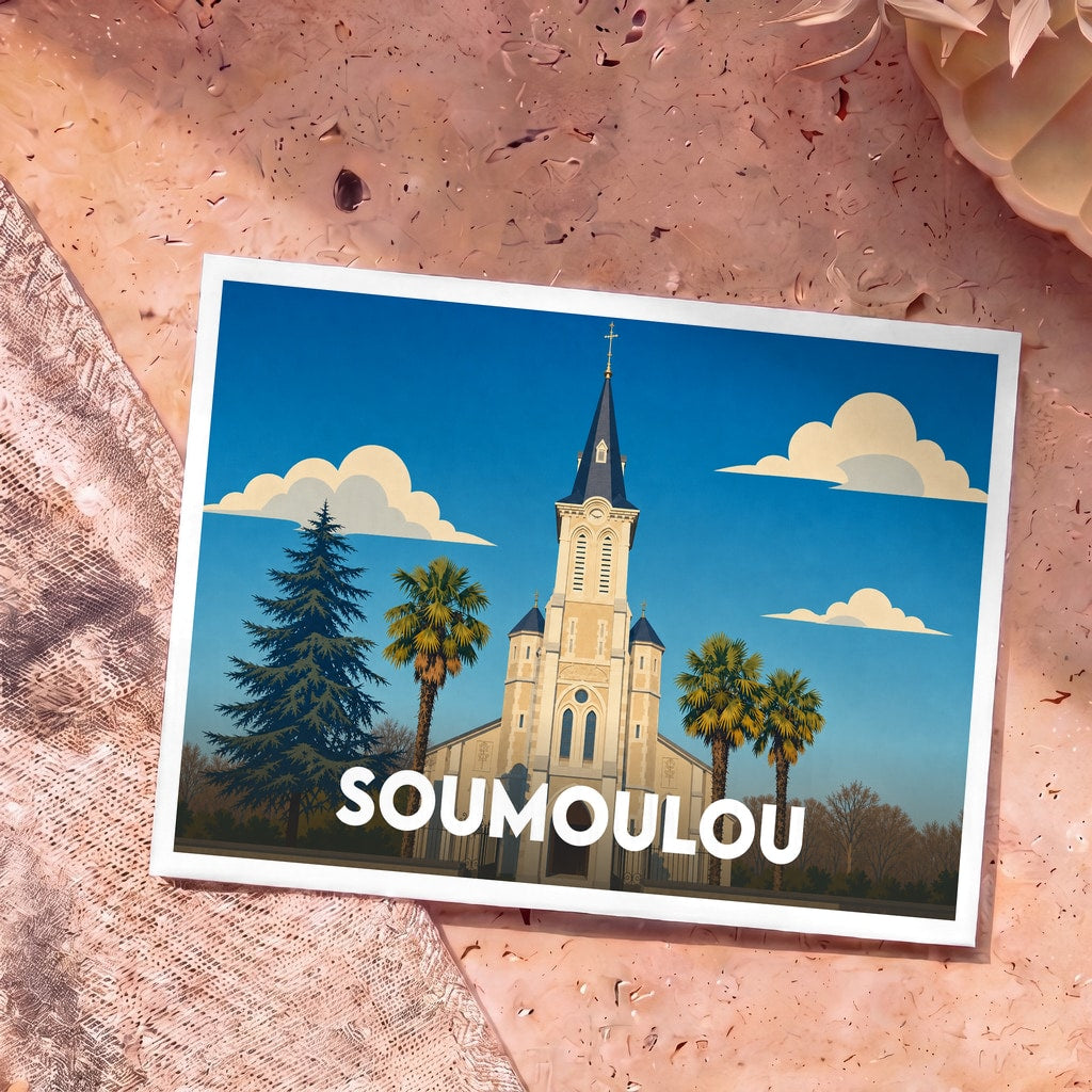 Carte postale souvenir de la ville de Soumoulou illustrant son église entourée de palmiers dans un style rétro.