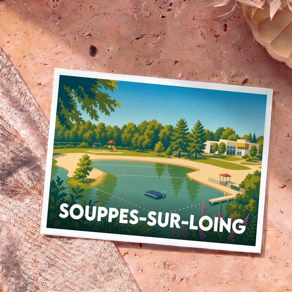 Carte postale souvenir de Souppes-sur-Loing illustrant une base de loisirs arborée avec un plan d'eau.