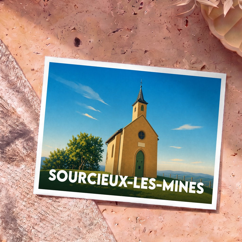 Carte postale souvenir de Sourcieux-les-Mines avec une illustration stylisée de sa chapelle sous un ciel bleu.