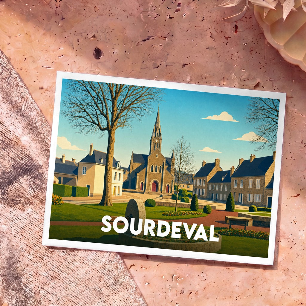 Carte postale souvenir de la ville de Sourdeval avec une illustration stylisée de son église et de ses maisons typiques.