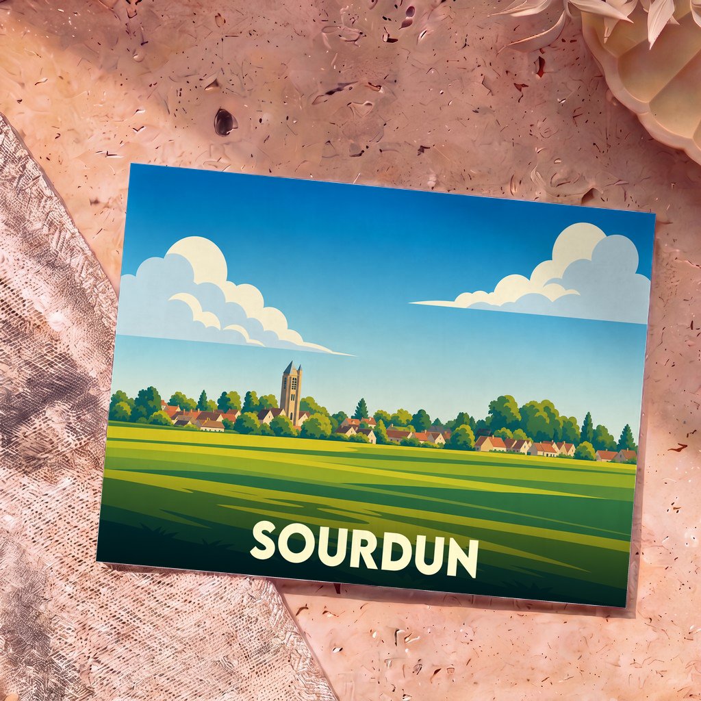 Carte postale souvenir de la ville de Sourdun avec une illustration stylisée représentant son église et la campagne environnante.