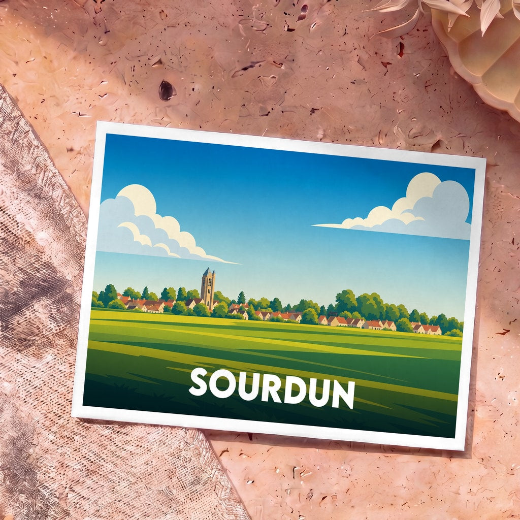 Carte postale souvenir de la ville de Sourdun avec une illustration stylisée représentant son église et la campagne environnante.
