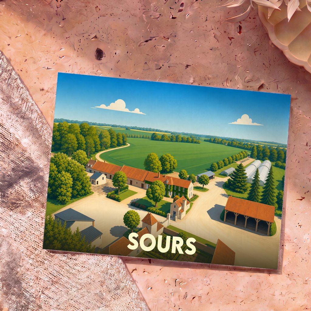 Carte postale souvenir de la ville de Sours avec une illustration stylisée représentant une vue aérienne d'un corps de ferme.