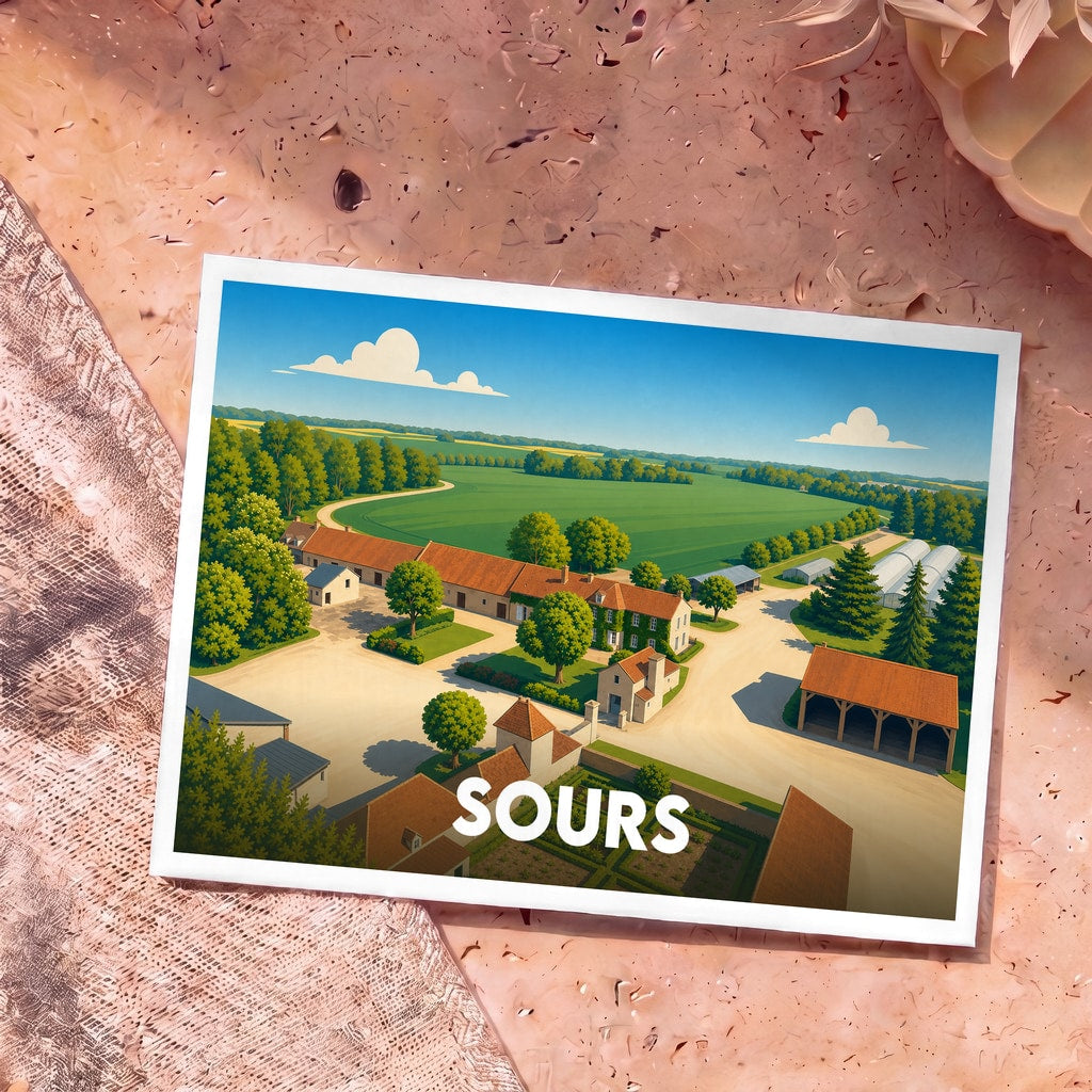 Carte postale souvenir de la ville de Sours avec une illustration stylisée représentant une vue aérienne d'un corps de ferme.