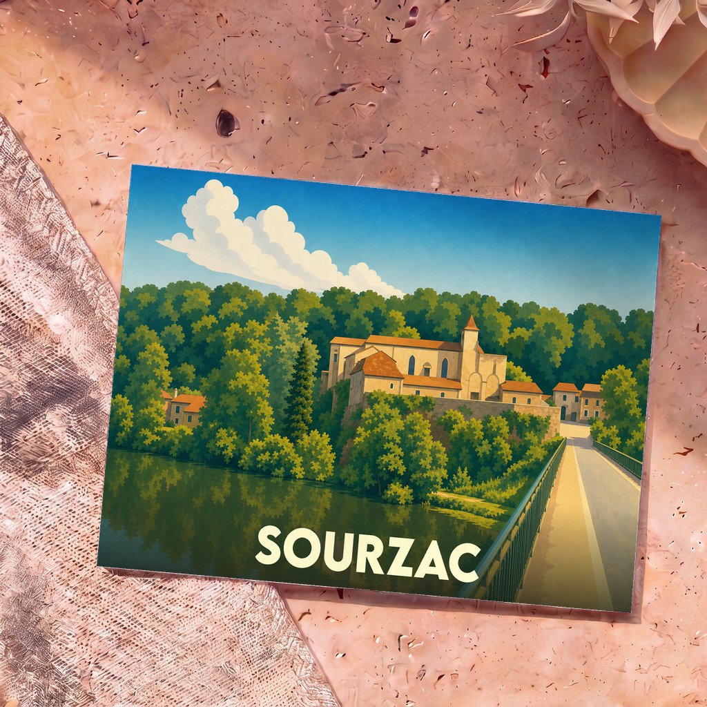 Carte postale souvenir de la ville de Sourzac avec une illustration stylisée de son église surplombant la rivière.