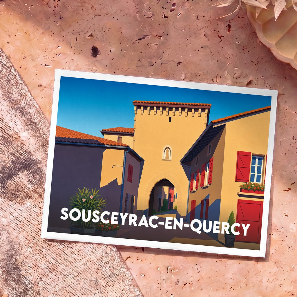 Carte postale souvenir de Sousceyrac-en-Quercy illustrant une porte médiévale dans un style graphique épuré.