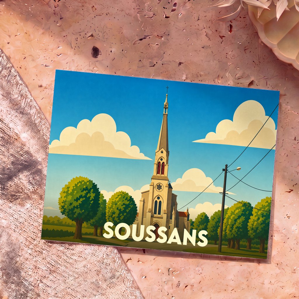 Carte postale souvenir de la ville de Soussans avec une illustration stylisée de son église sous un ciel azur.