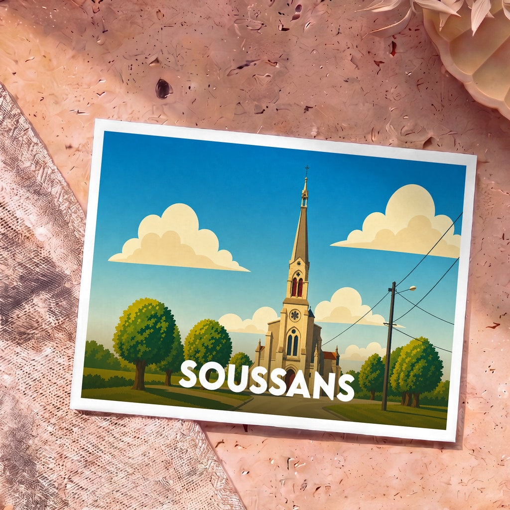 Carte postale souvenir de la ville de Soussans avec une illustration stylisée de son église sous un ciel azur.