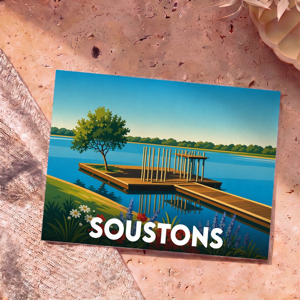Carte postale souvenir de la ville de Soustons illustrant un ponton en bois sur un lac au style épuré.