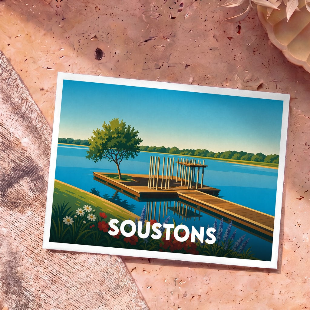Carte postale souvenir de la ville de Soustons illustrant un ponton en bois sur un lac au style épuré.
