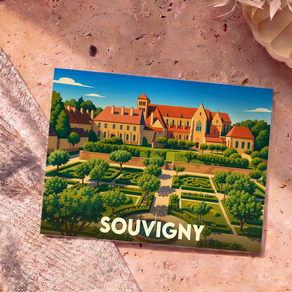 Carte postale souvenir de la ville de Souvigny avec une illustration stylisée de son abbaye et de ses jardins.