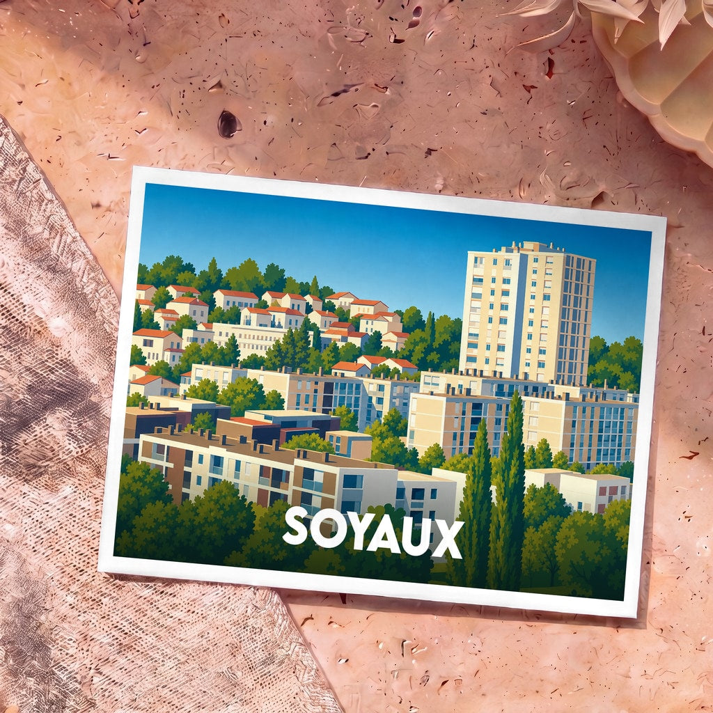 Carte postale souvenir de la ville de Soyaux avec une illustration colorée et stylisée de ses immeubles et de sa végétation.