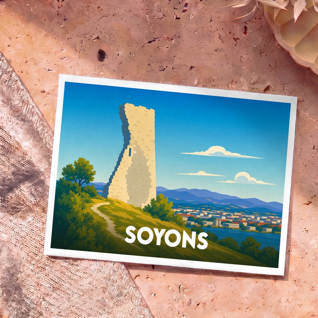 Carte postale souvenir de la ville de Soyons avec une illustration stylisée de sa tour médiévale surplombant le Rhône.