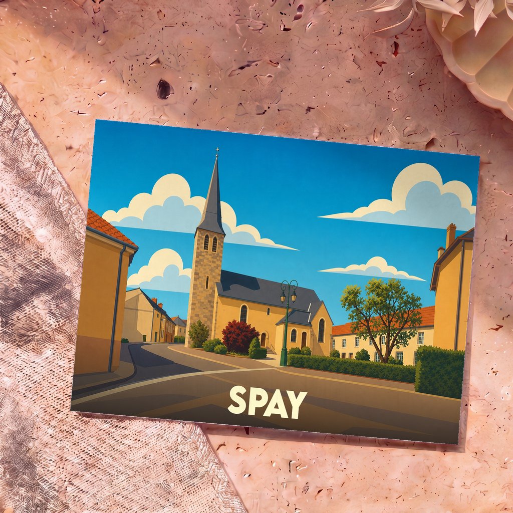 Carte postale souvenir de la ville de Spay arborant une illustration stylisée de son église et de ses rues ensoleillées.