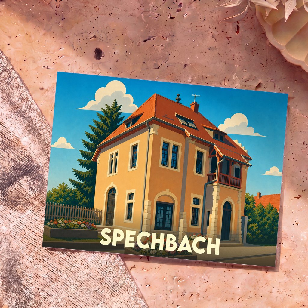 Carte postale souvenir de la ville de Spechbach avec une illustration stylisée d'une maison typique.