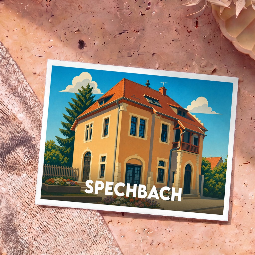 Carte postale souvenir de la ville de Spechbach avec une illustration stylisée d'une maison typique.