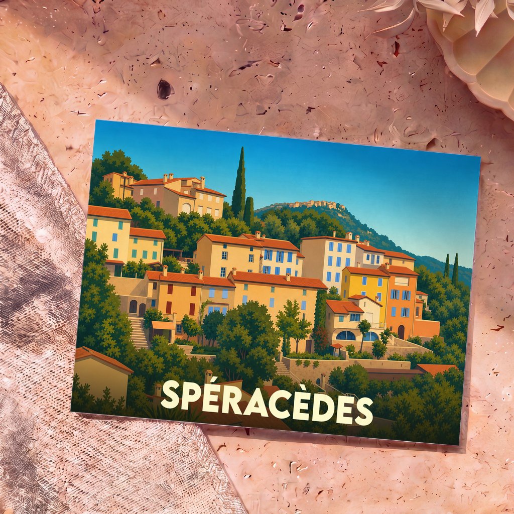 Carte postale souvenir de la ville de Spéracèdes avec une illustration stylisée d'un village perché provençal.