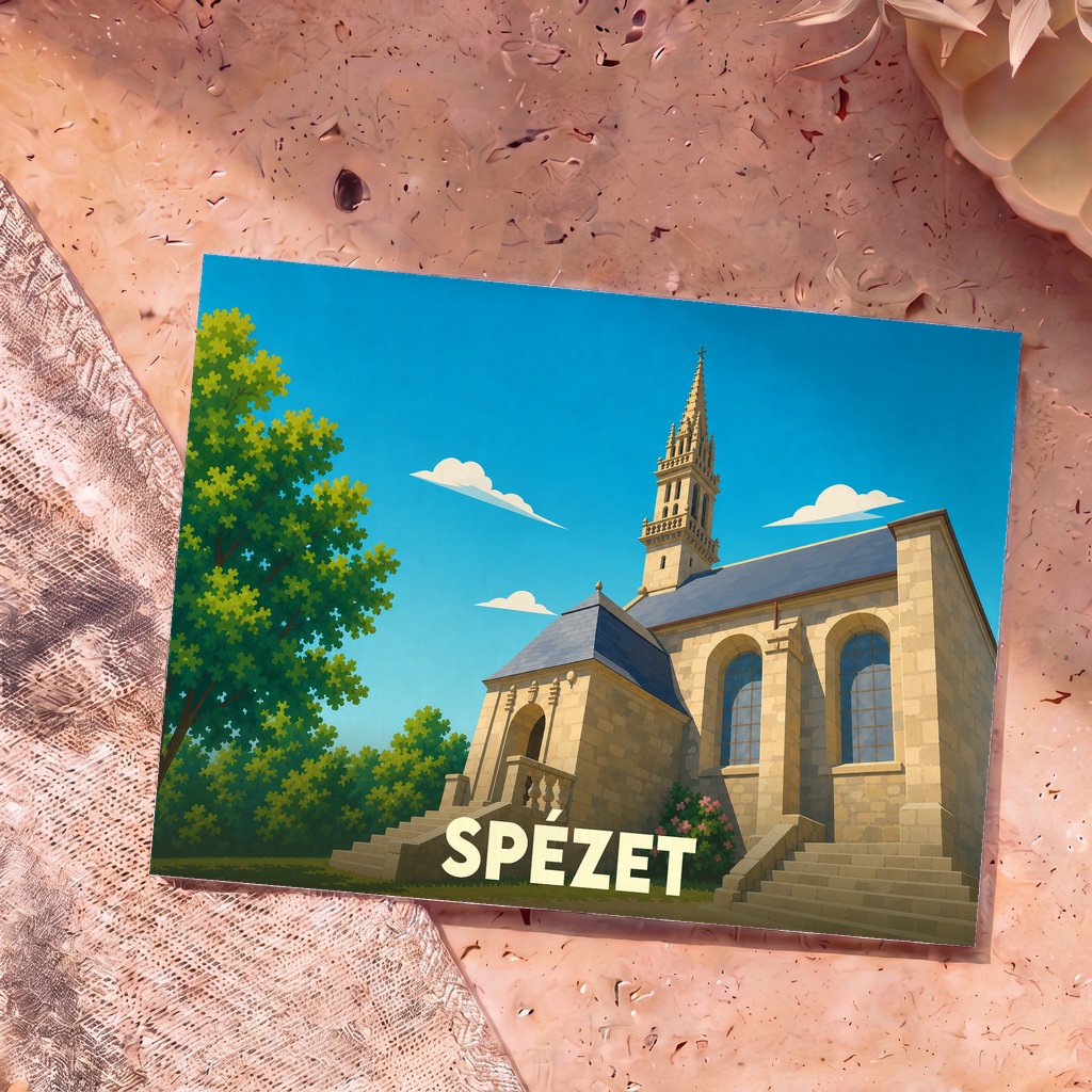 Carte postale souvenir de la ville de Spézet avec une illustration stylisée de sa chapelle.