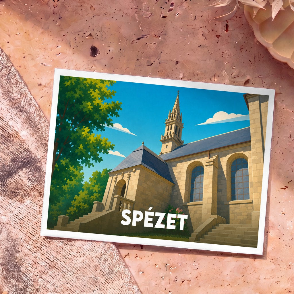 Carte postale souvenir de la ville de Spézet avec une illustration stylisée de sa chapelle.