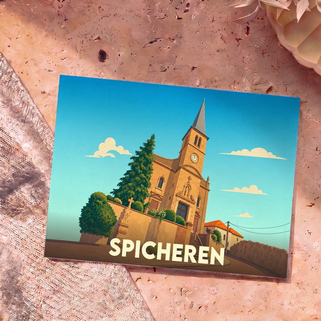 Carte postale souvenir de la ville de Spicheren illustrée par une église stylisée sous un ciel bleu.