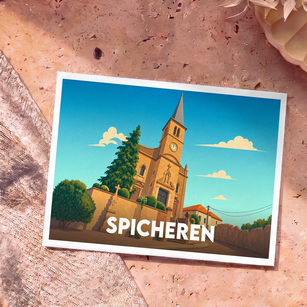 Carte postale souvenir de la ville de Spicheren illustrée par une église stylisée sous un ciel bleu.