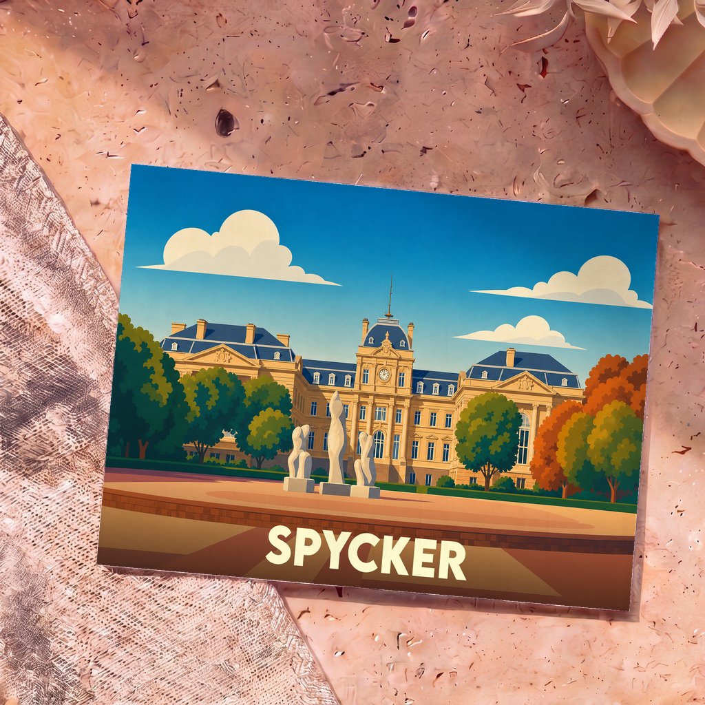 Carte postale souvenir de la ville de Spycker avec une illustration stylisée d'un palais et de son parc.
