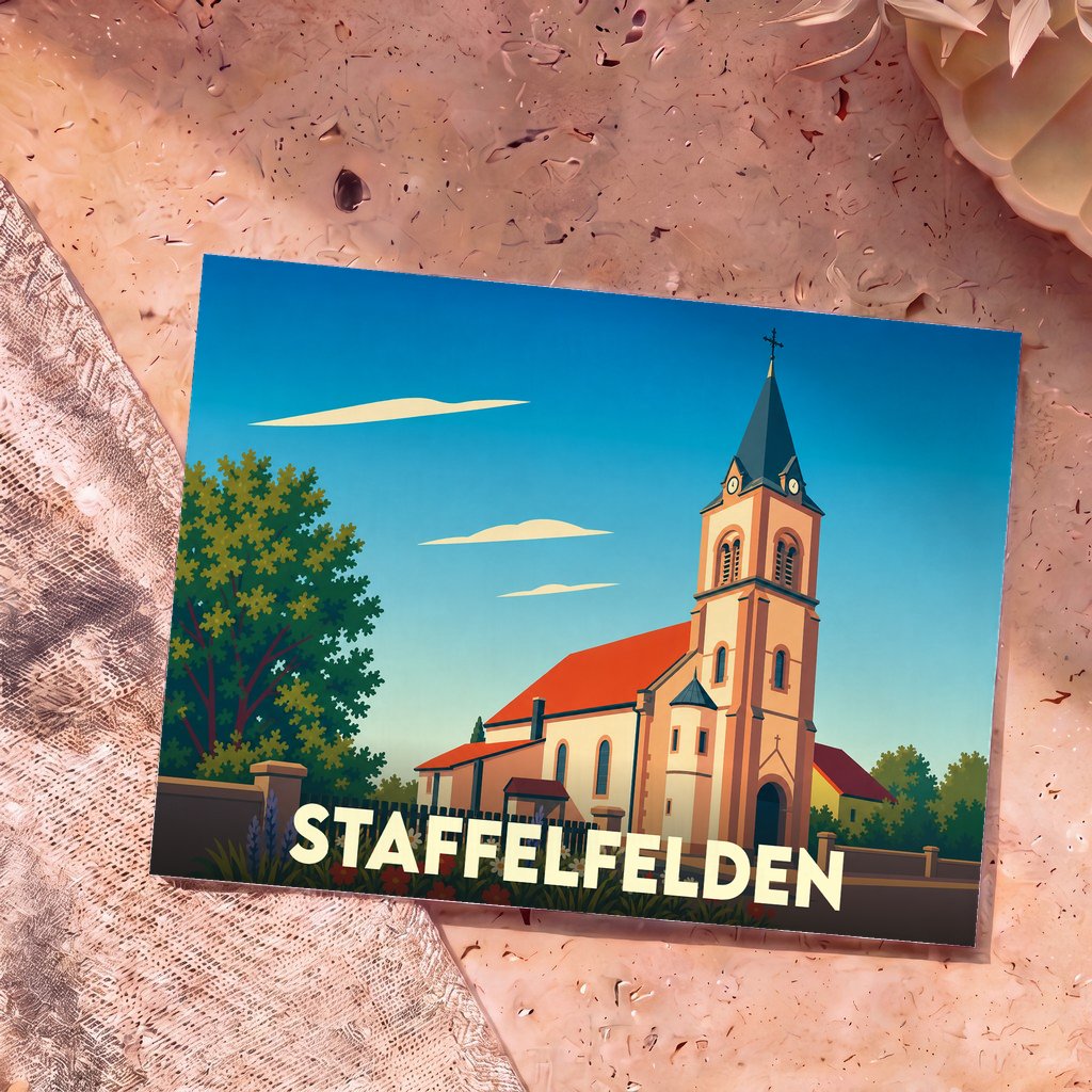 Carte postale souvenir de la ville de Staffelfelden avec une illustration stylisée de son église.