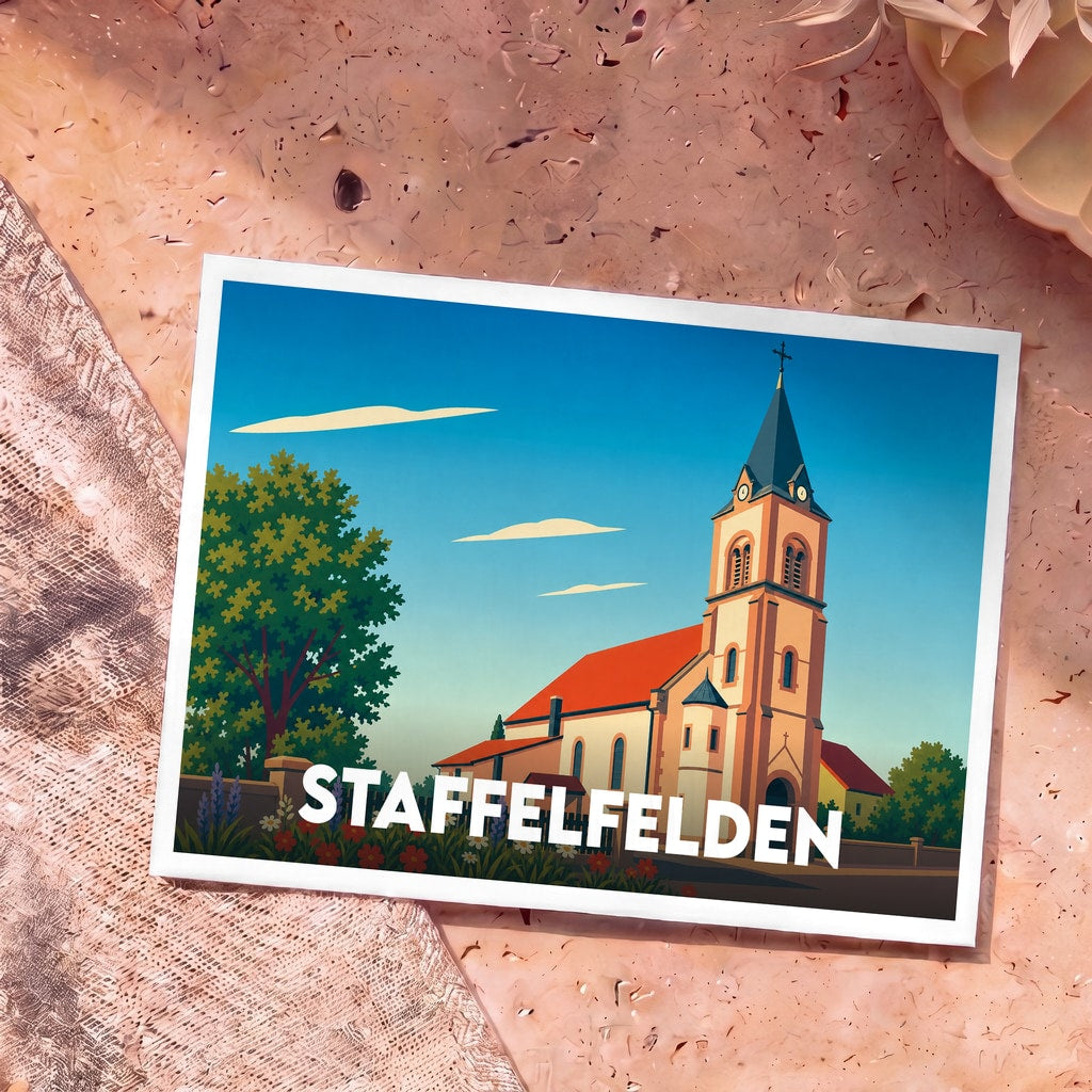Carte postale souvenir de la ville de Staffelfelden avec une illustration stylisée de son église.